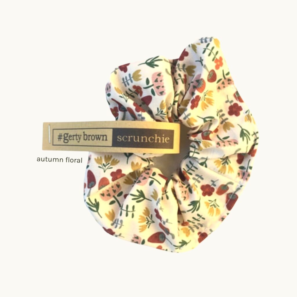 New Zealand Made Scrunchies mustard autumn floral Gerty Brown